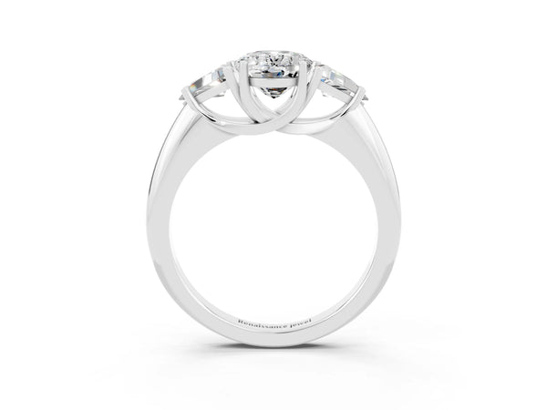 Silver Three-Stone Oval Cut Moissanite Engagement Ring with Trillion Side Stones and Prong Setting