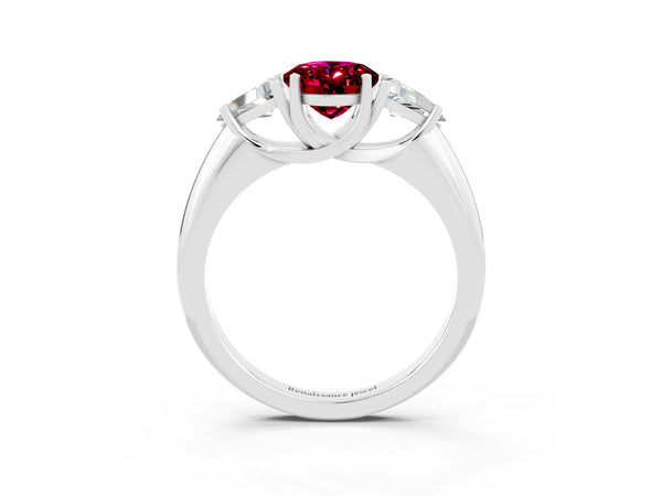 White gold Three-Stone Oval Cut Garnet Engagement Ring with Trillion Side Stones and Prong Setting