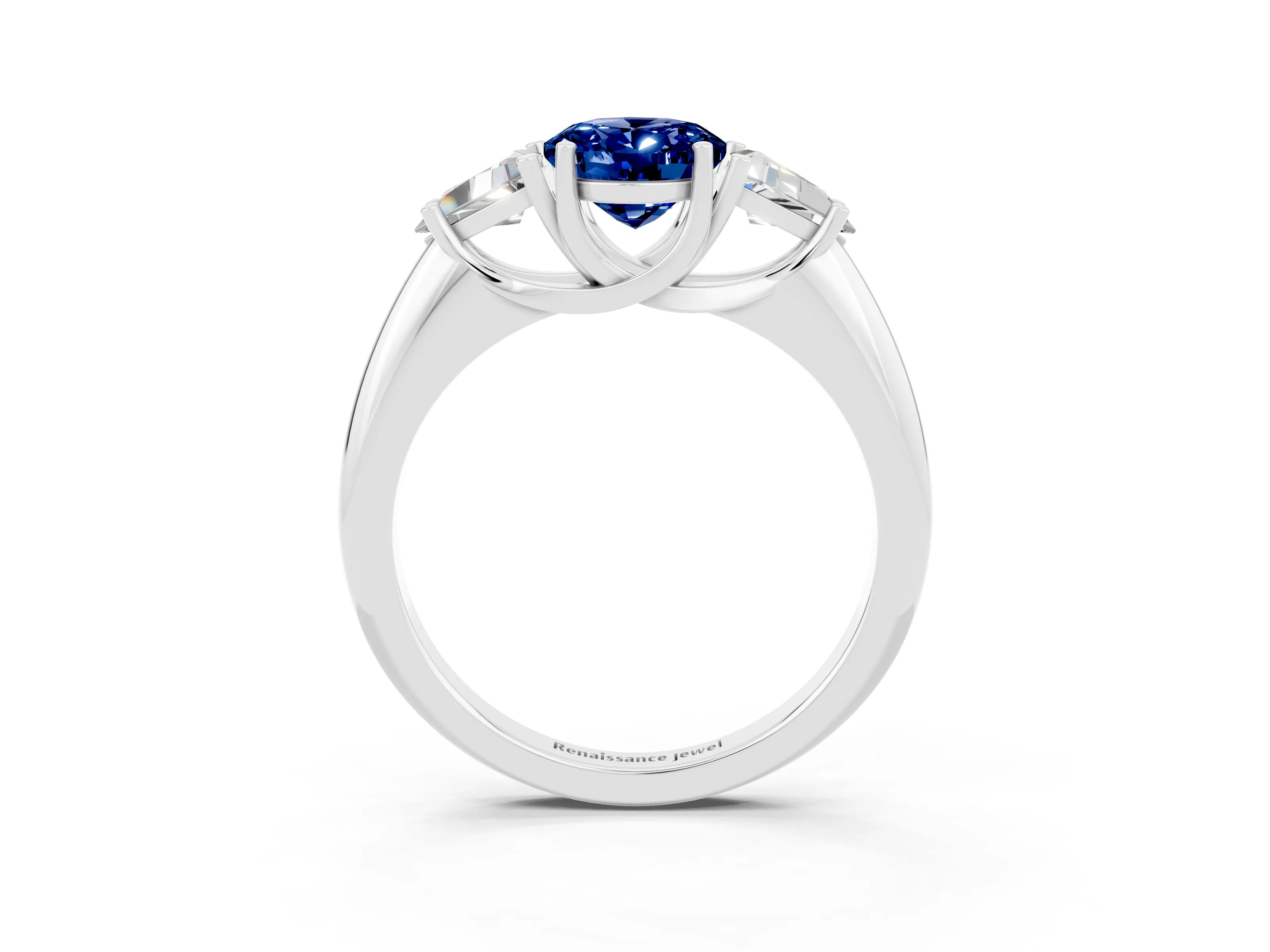 White gold Three-Stone Oval Cut Cut Diamond Ring with Trillion Side Stones and Four-Prong Setting_3