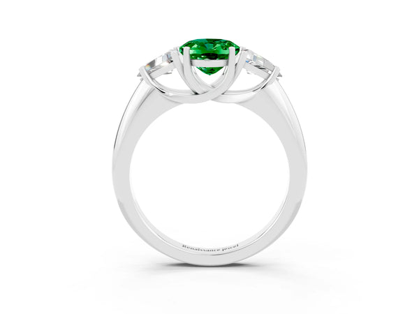 Silver Three-Stone Oval Cut Emerald Engagement Ring with Trillion Side Stones and Prong Setting