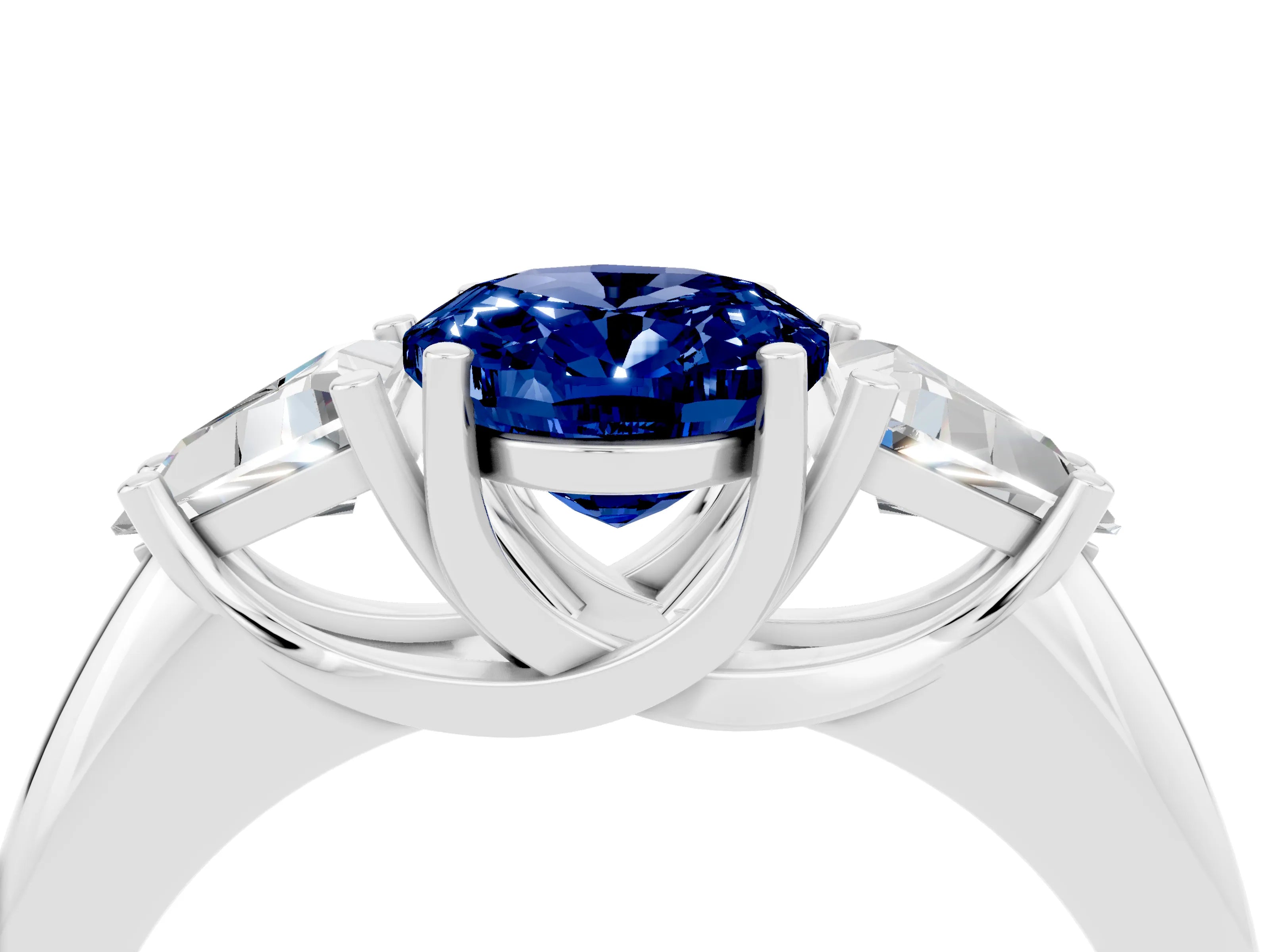 White gold Three-Stone Oval Cut Cut Diamond Ring with Trillion Side Stones and Four-Prong Setting_4