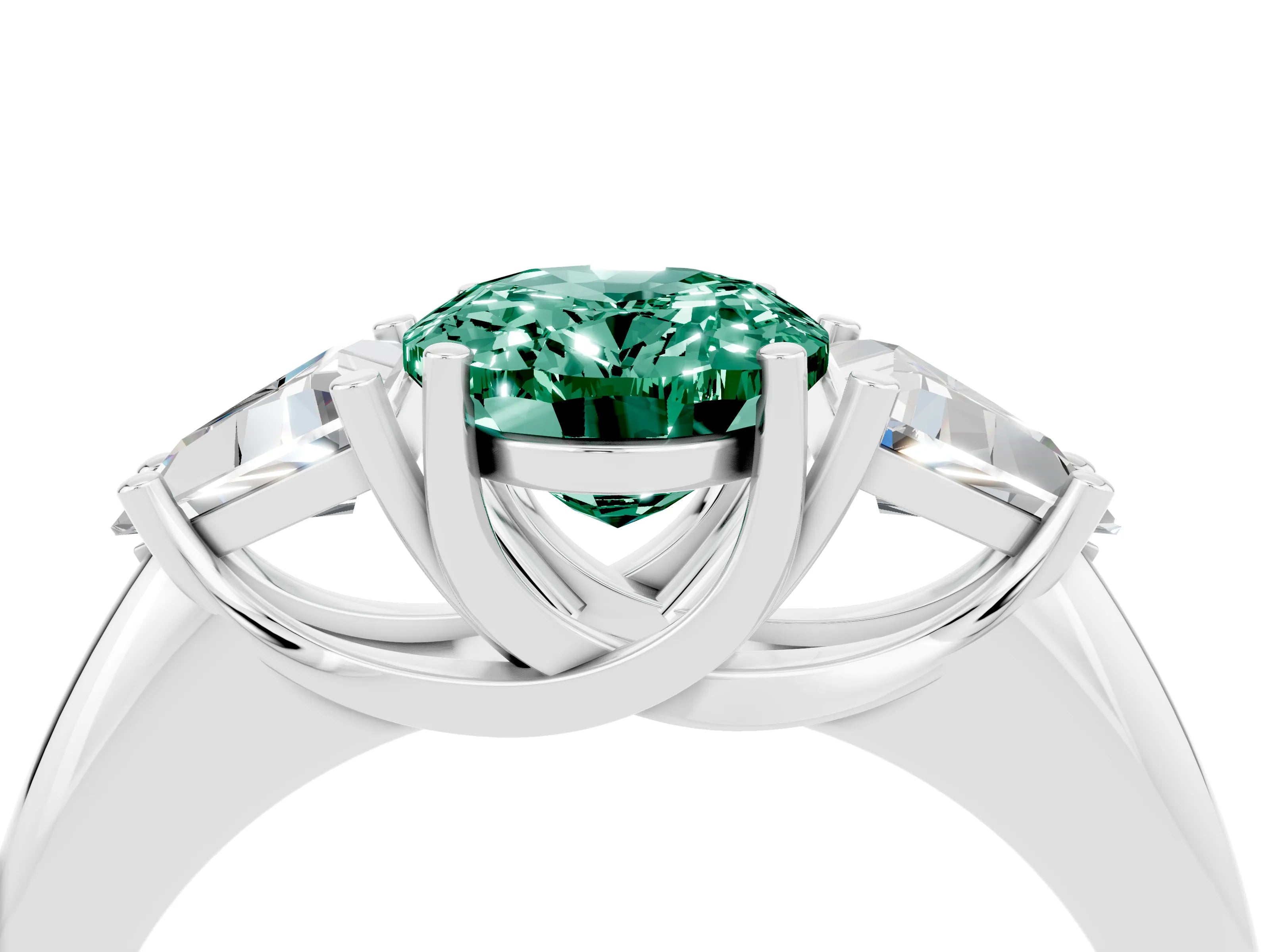 White gold Three-Stone Oval Cut Cut Diamond Ring with Trillion Side Stones and Four-Prong Setting_4
