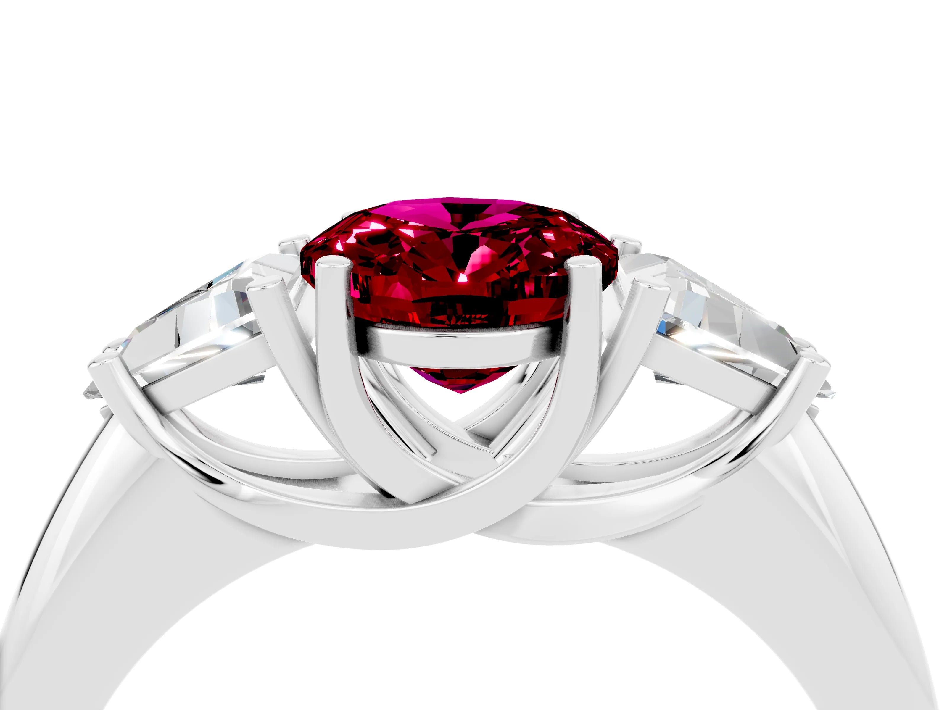 White gold Three-Stone Oval Cut Cut Diamond Ring with Trillion Side Stones and Four-Prong Setting_4
