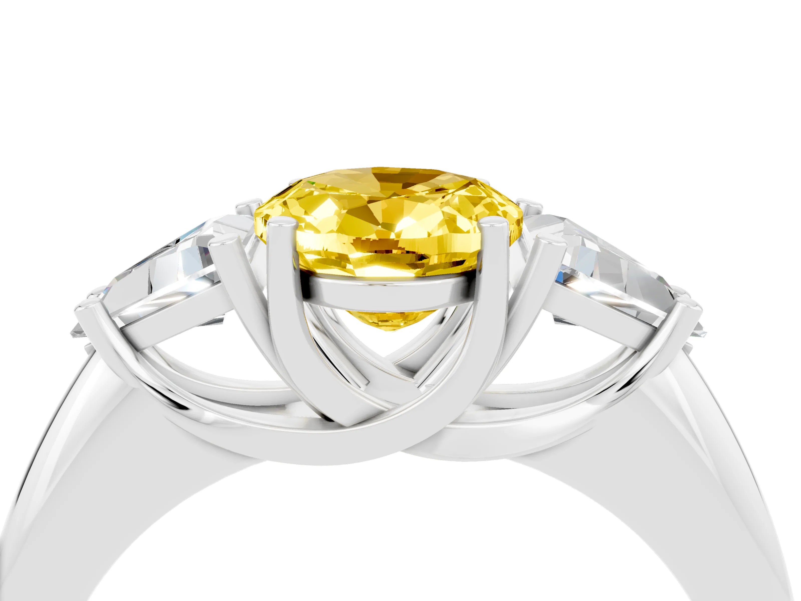 White gold Three-Stone Oval Cut Cut Diamond Ring with Trillion Side Stones and Four-Prong Setting_4