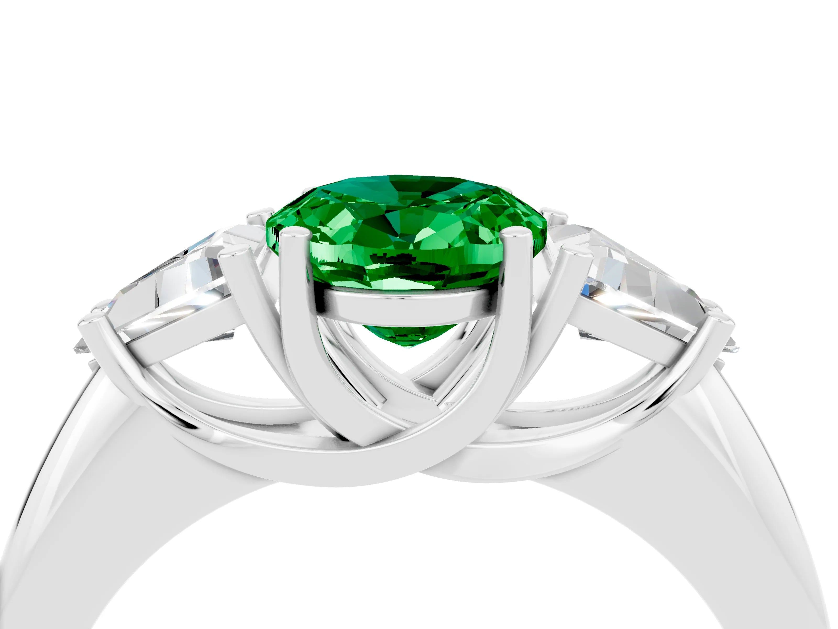White gold Three-Stone Oval Cut Cut Diamond Ring with Trillion Side Stones and Four-Prong Setting_4
