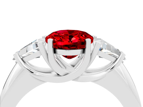 White gold Three-Stone Oval Cut Cut Diamond Ring with Trillion Side Stones and Four-Prong Setting_4