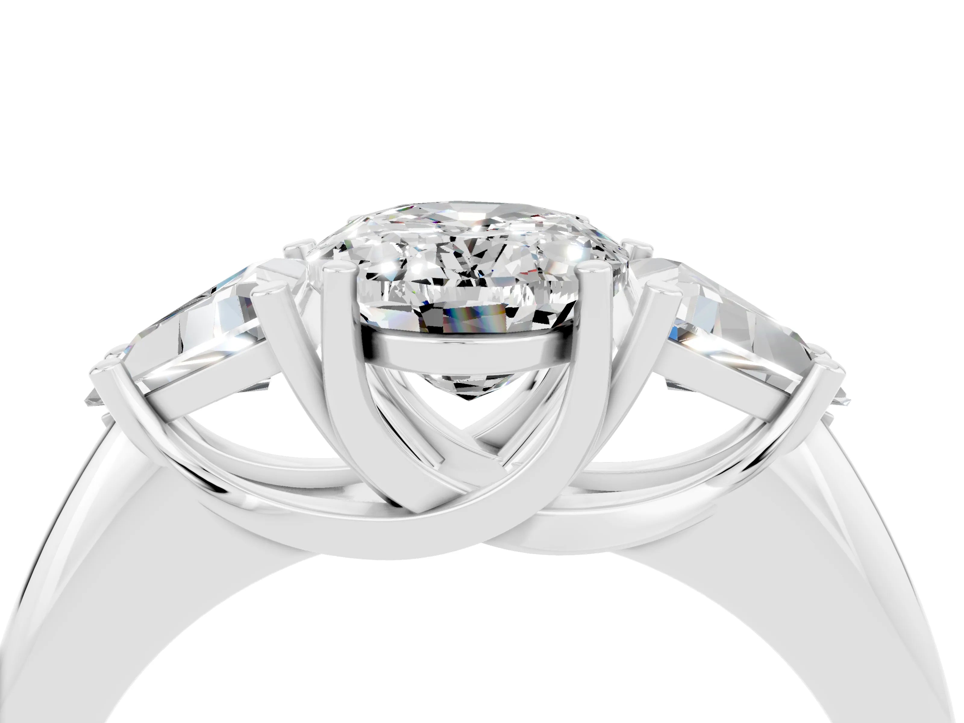 White gold Three-Stone Oval Cut Cut Diamond Ring with Trillion Side Stones and Four-Prong Setting_4