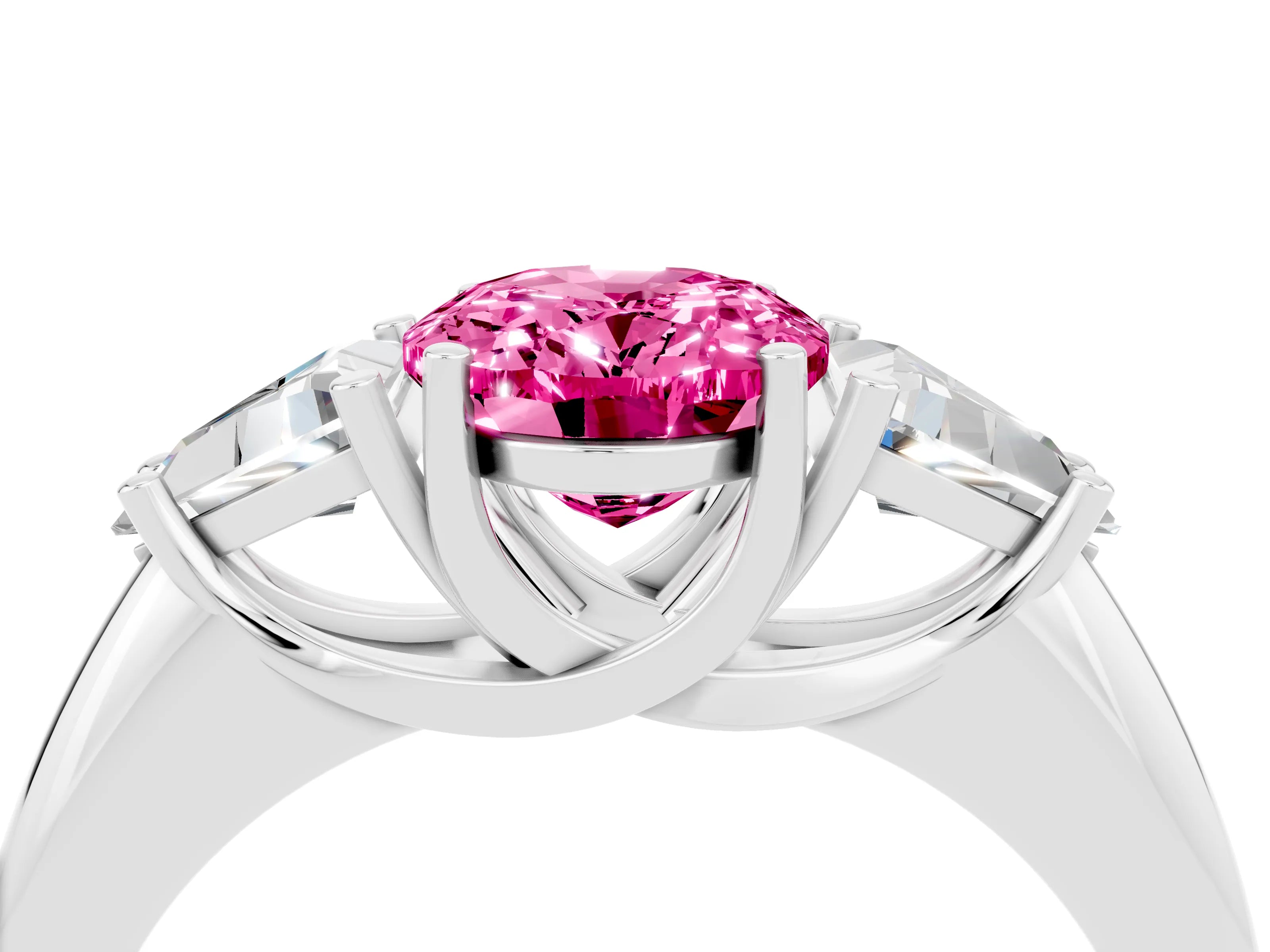 White gold Three-Stone Oval Cut Cut Diamond Ring with Trillion Side Stones and Four-Prong Setting_4
