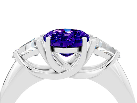 White gold Three-Stone Oval Cut Cut Diamond Ring with Trillion Side Stones and Four-Prong Setting_4
