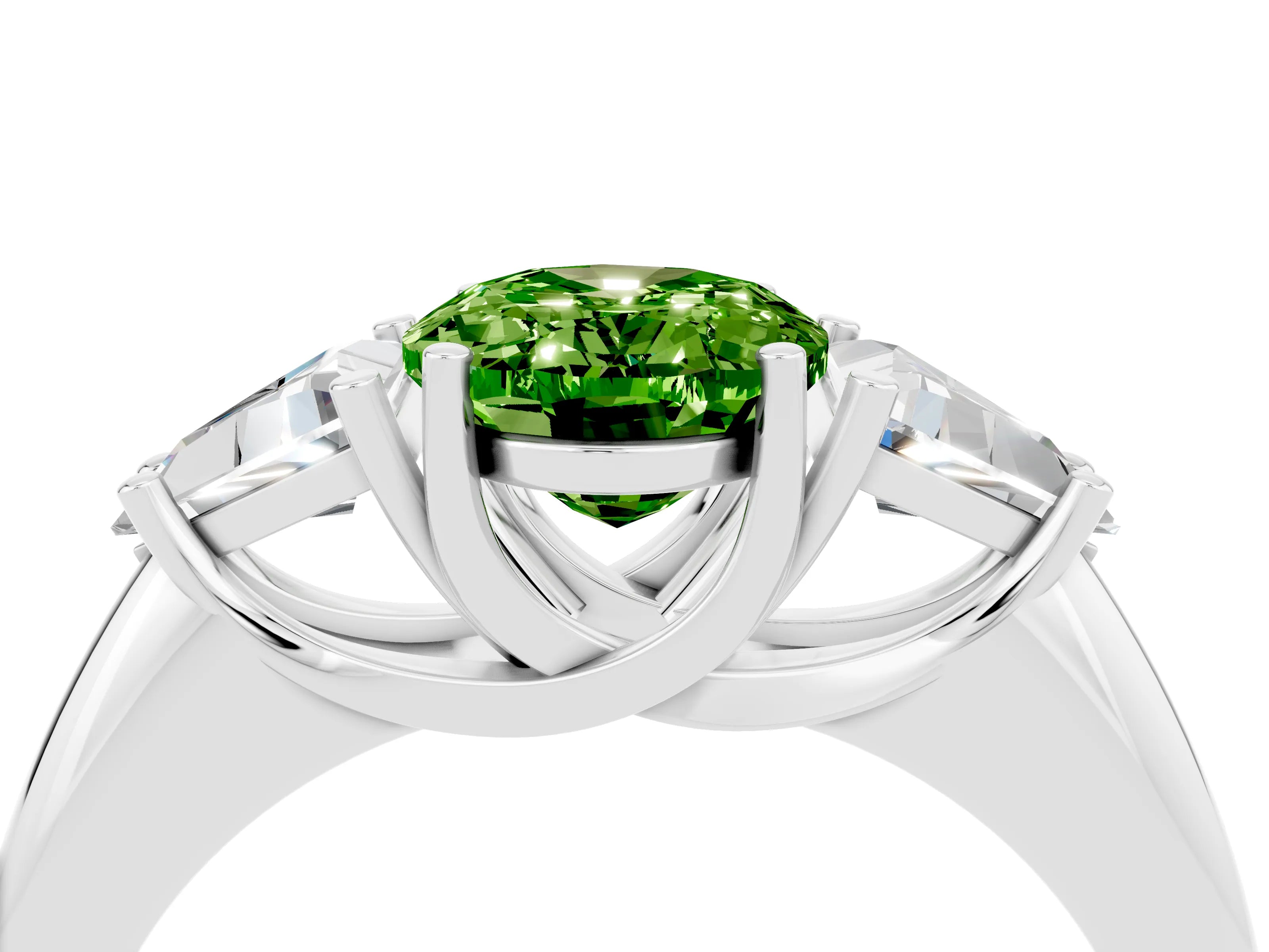 White gold Three-Stone Oval Cut Cut Diamond Ring with Trillion Side Stones and Four-Prong Setting_4