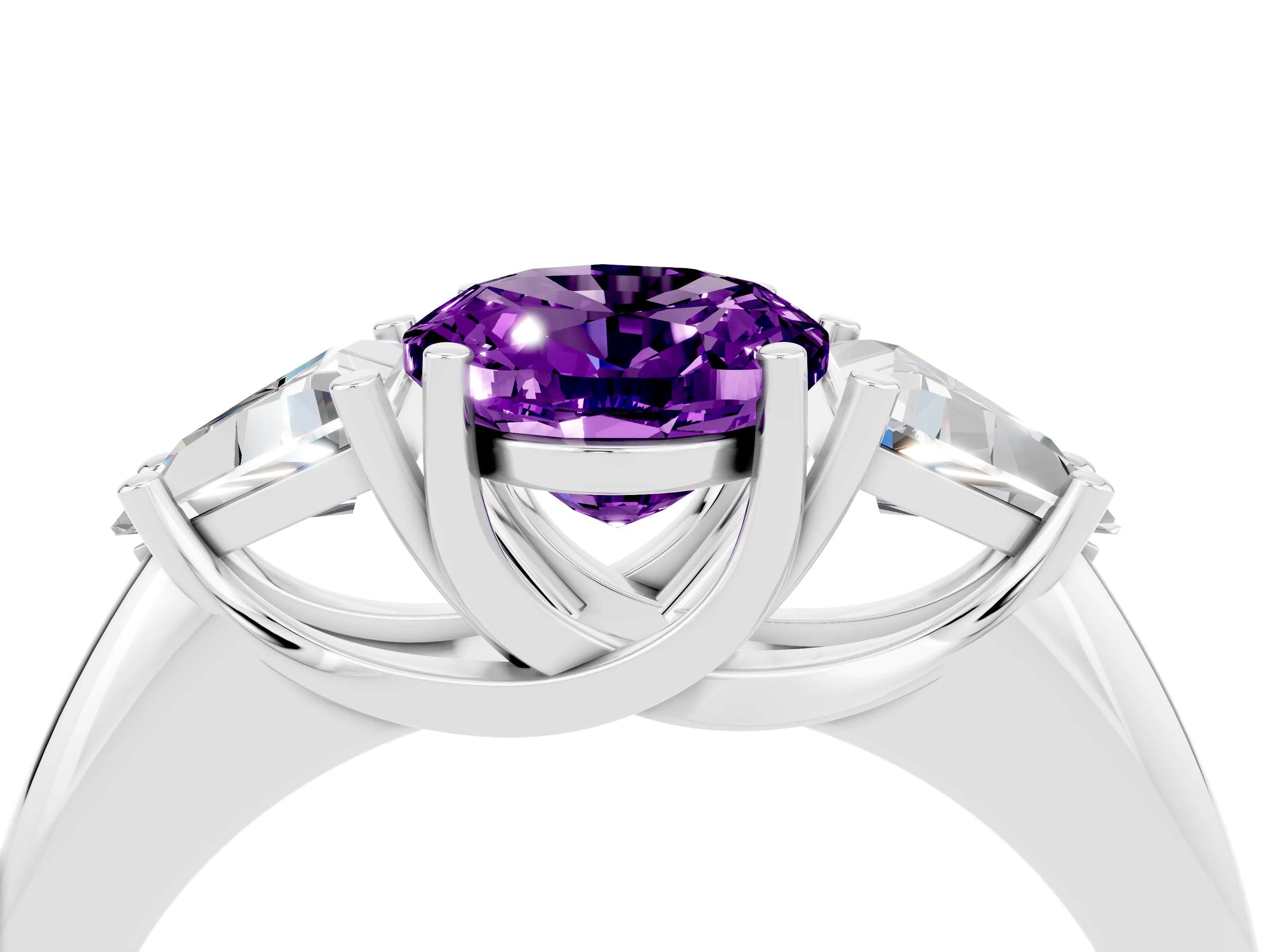 White gold Three-Stone Oval Cut Cut Diamond Ring with Trillion Side Stones and Four-Prong Setting_4