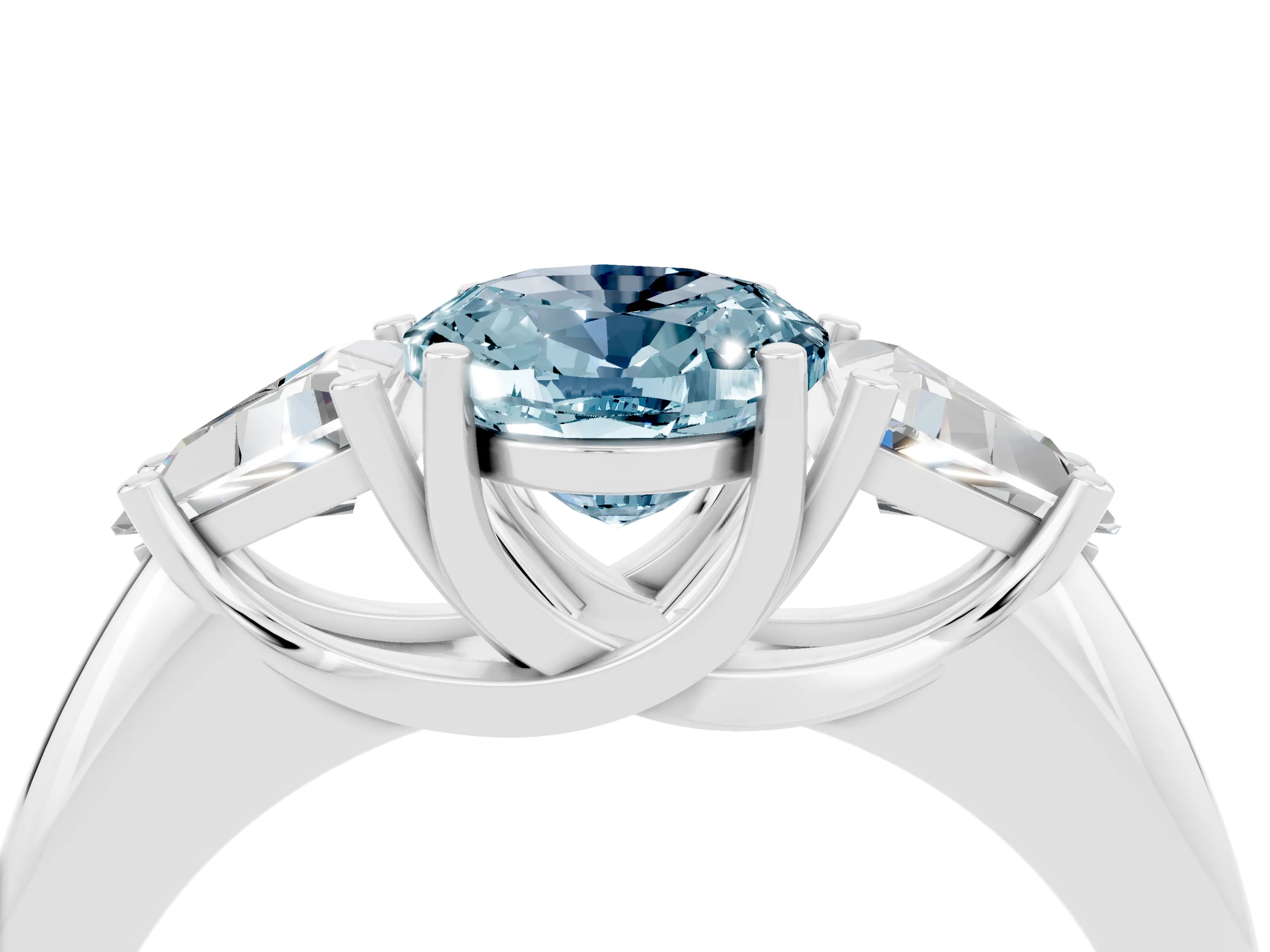 White gold Three-Stone Oval Cut Cut Diamond Ring with Trillion Side Stones and Four-Prong Setting_4