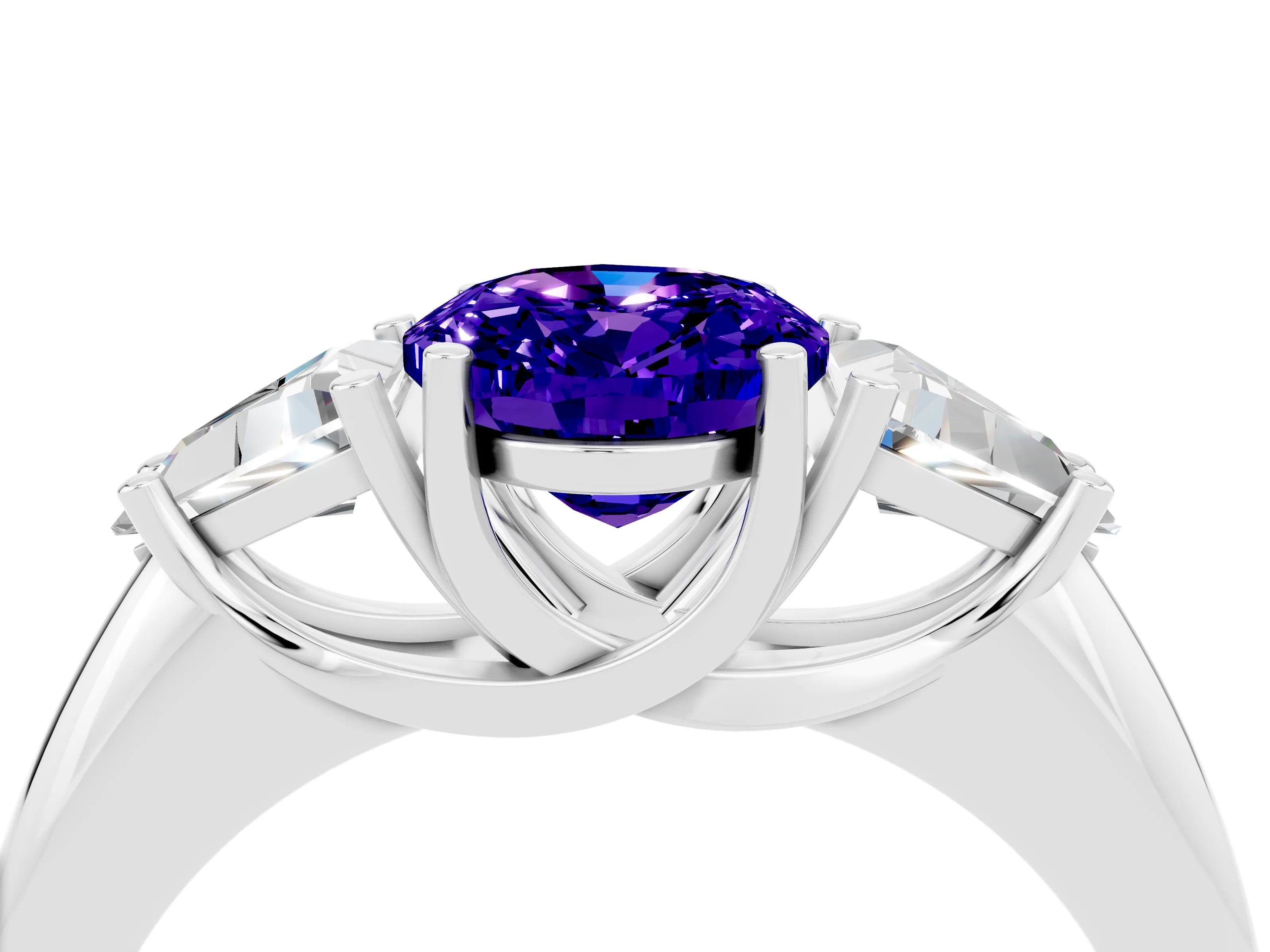 White gold Three-Stone Oval Cut Cut Diamond Ring with Trillion Side Stones and Four-Prong Setting_4