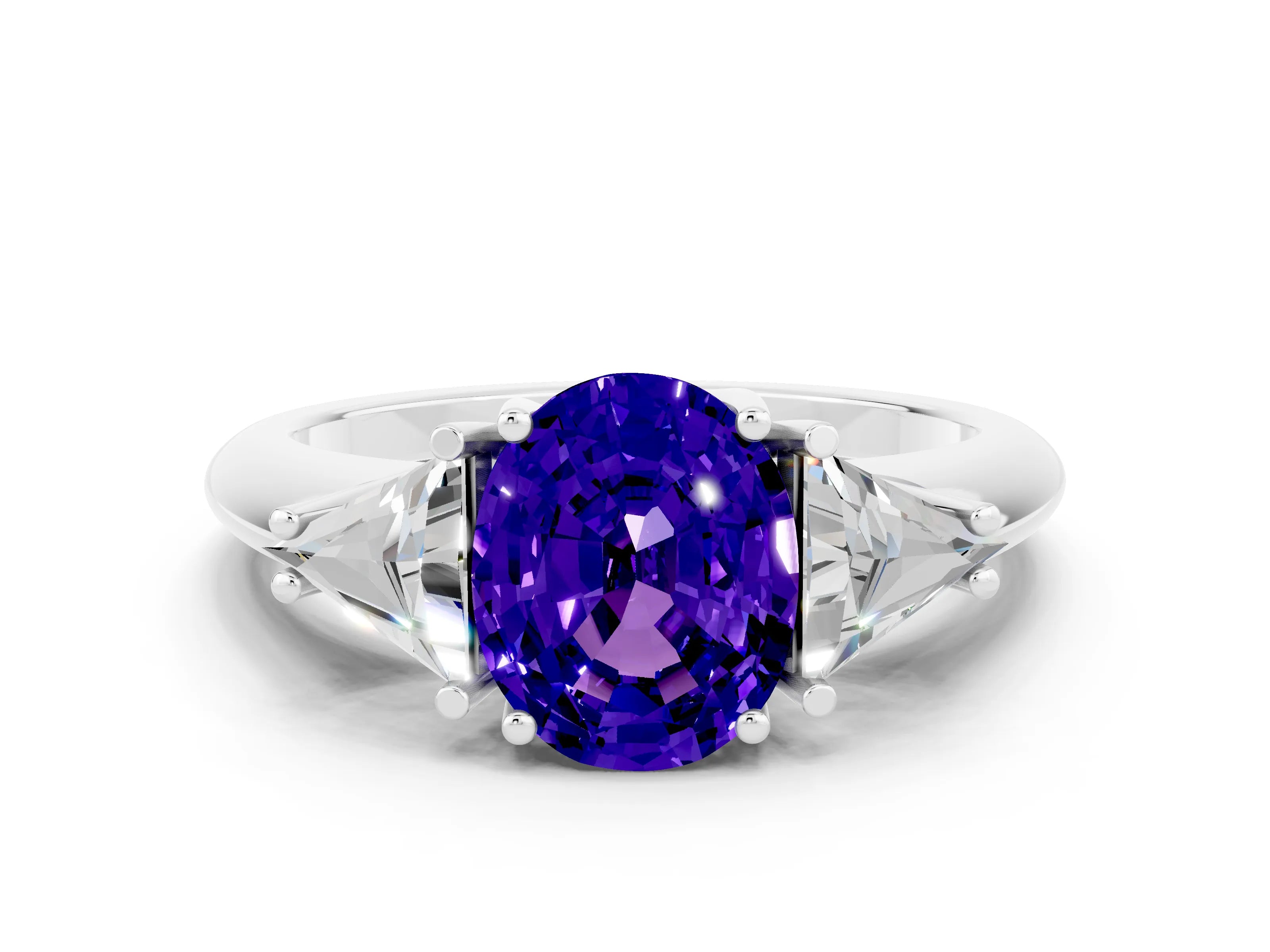 White gold Three-Stone Oval Cut Cut Diamond Ring with Trillion Side Stones and Four-Prong Setting