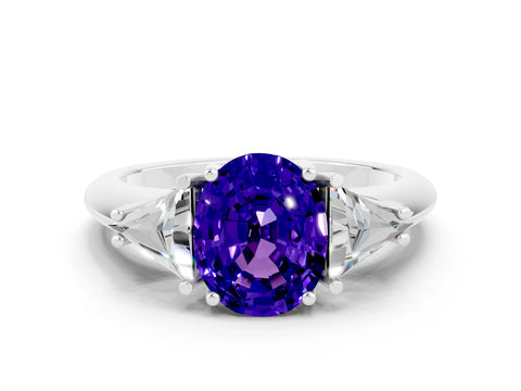 White gold Three-Stone Oval Cut Cut Diamond Ring with Trillion Side Stones and Four-Prong Setting