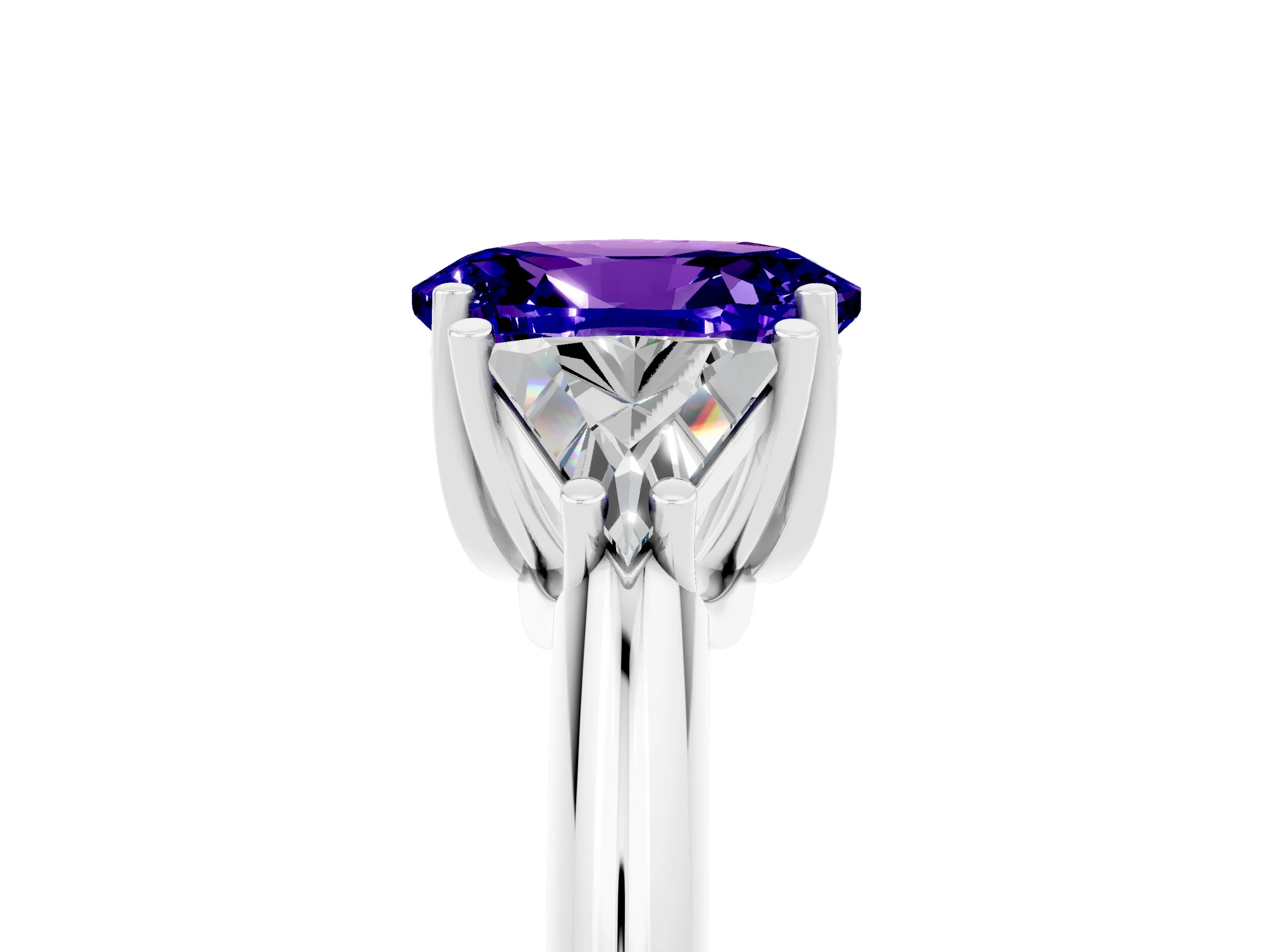 White gold Three-Stone Oval Cut Cut Diamond Ring with Trillion Side Stones and Four-Prong Setting_5