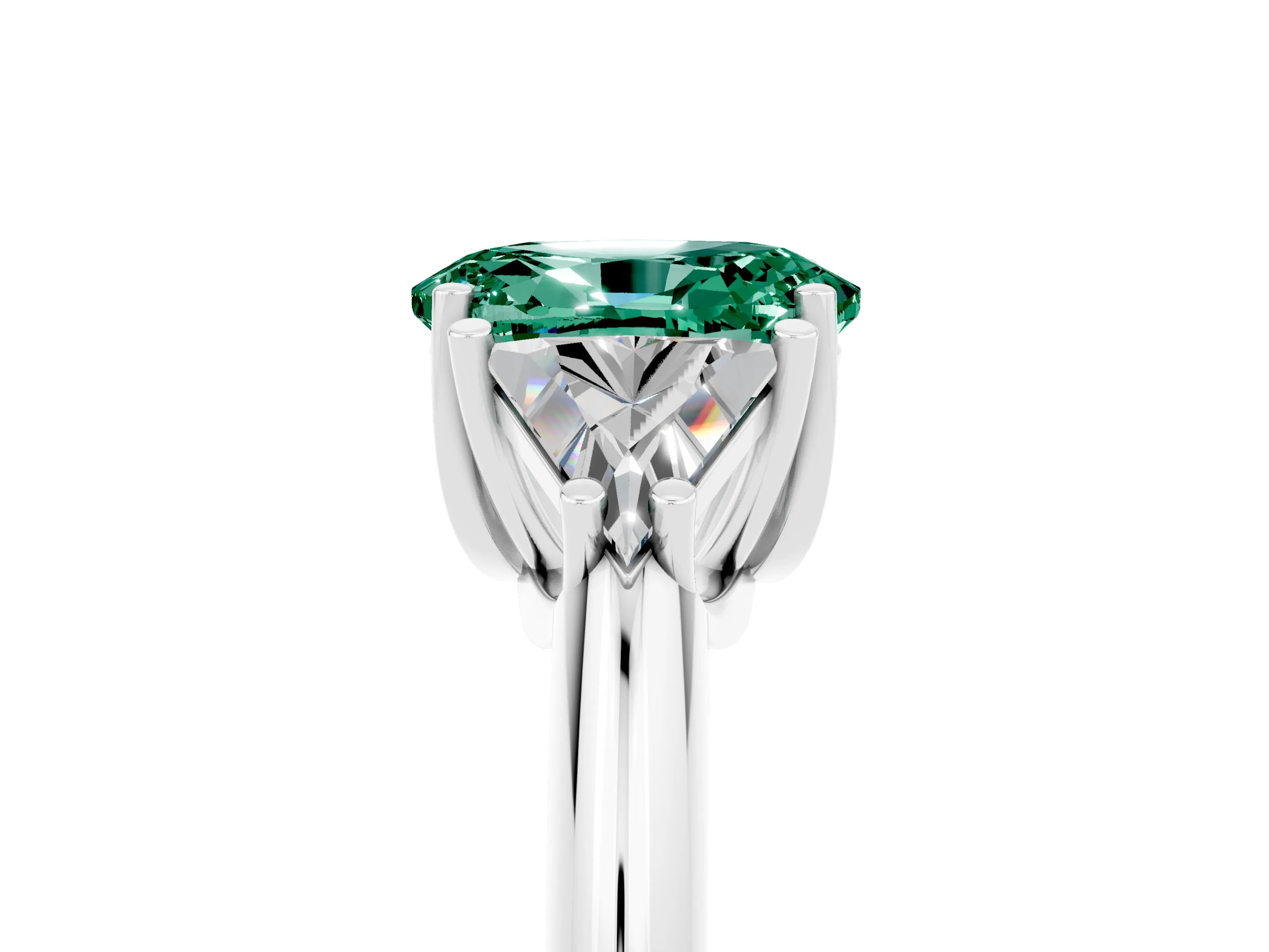 White gold Three-Stone Oval Cut Cut Diamond Ring with Trillion Side Stones and Four-Prong Setting_5