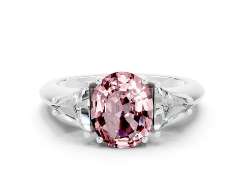 White gold Three-Stone Oval Cut Cut Diamond Ring with Trillion Side Stones and Four-Prong Setting