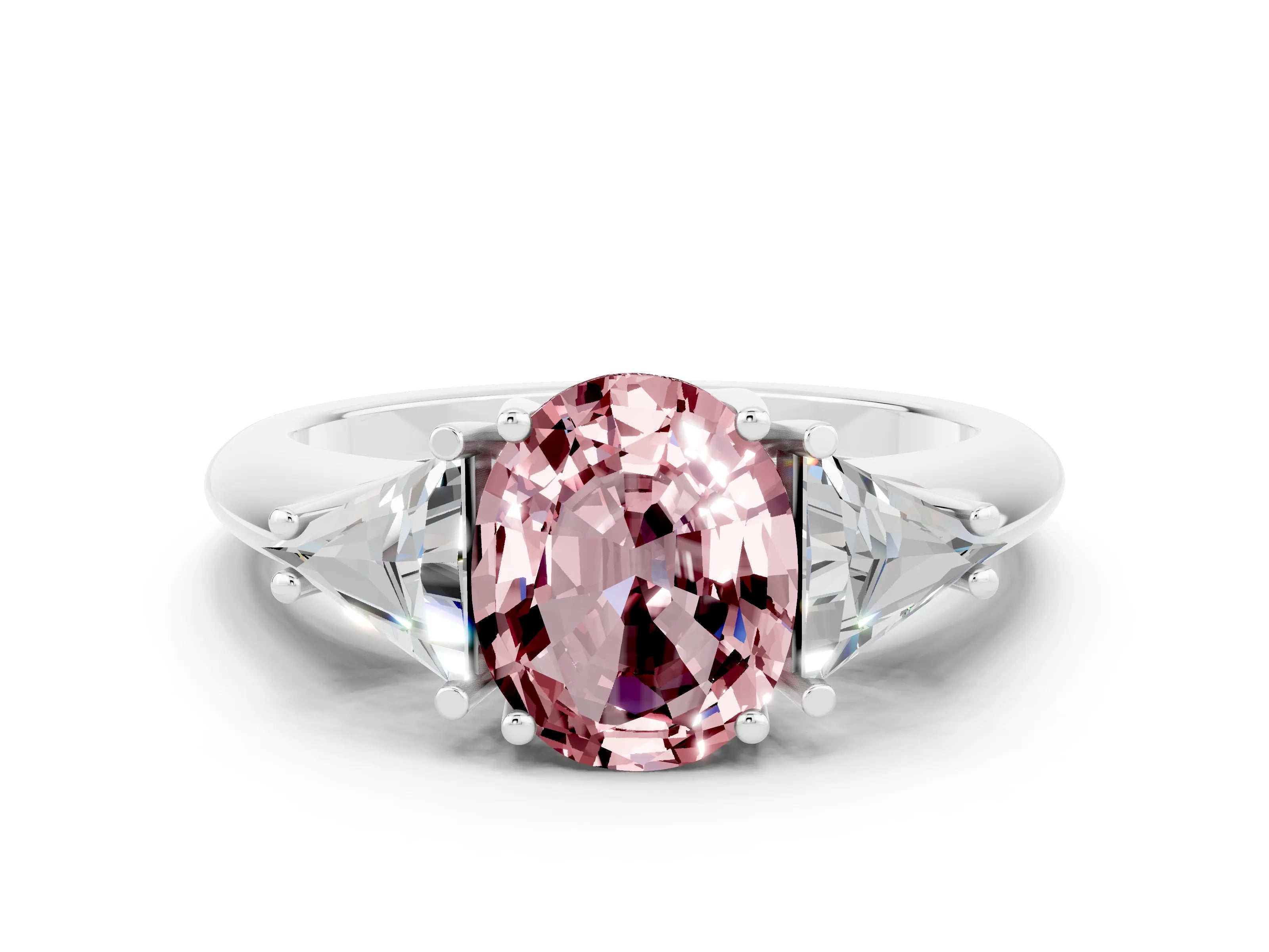 White gold Three-Stone Oval Cut Cut Diamond Ring with Trillion Side Stones and Four-Prong Setting