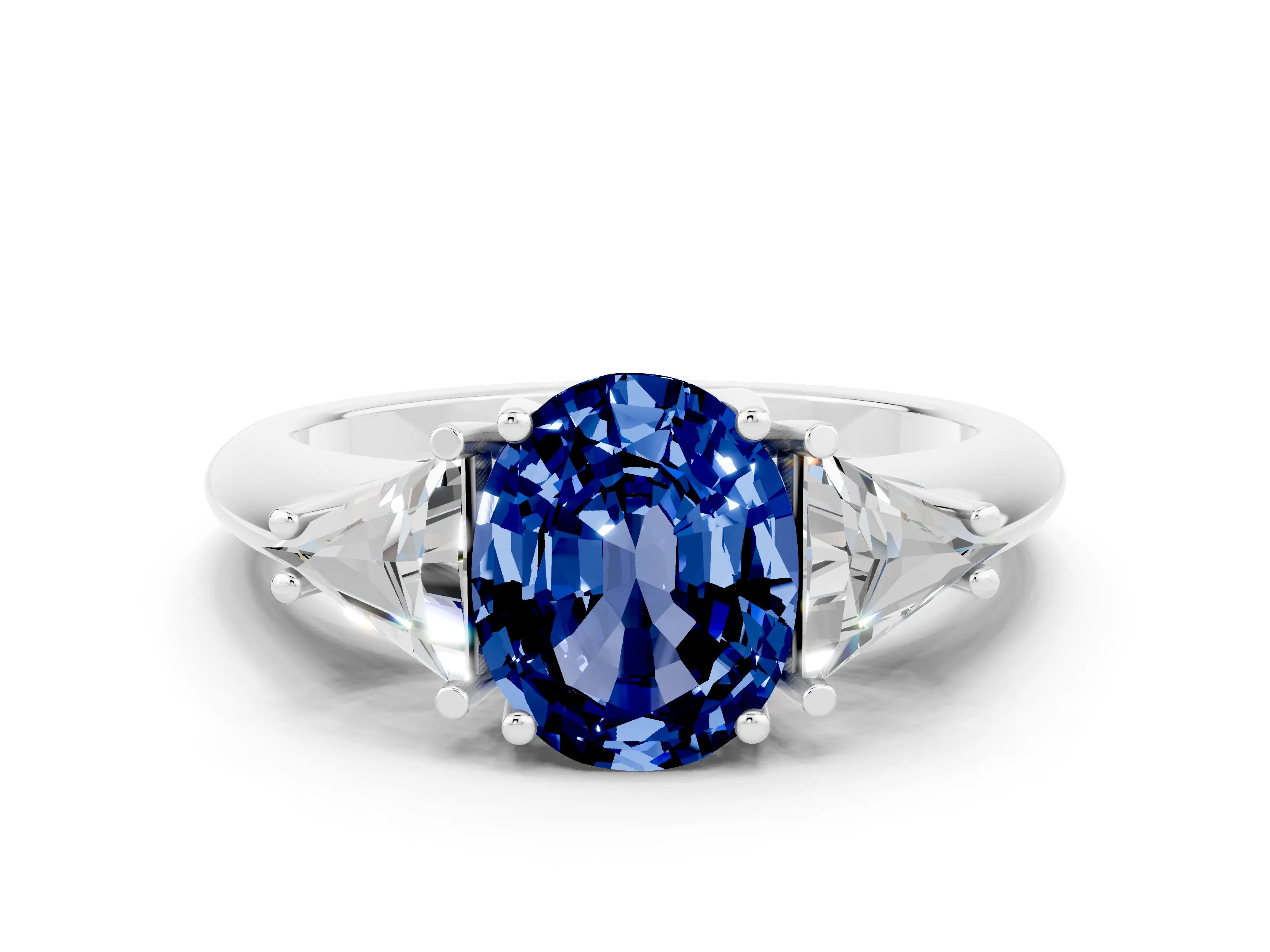 White gold Three-Stone Oval Cut Cut Diamond Ring with Trillion Side Stones and Four-Prong Setting