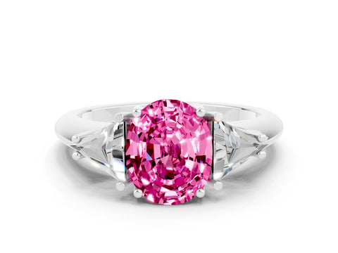 White gold Three-Stone Oval Cut Cut Diamond Ring with Trillion Side Stones and Four-Prong Setting