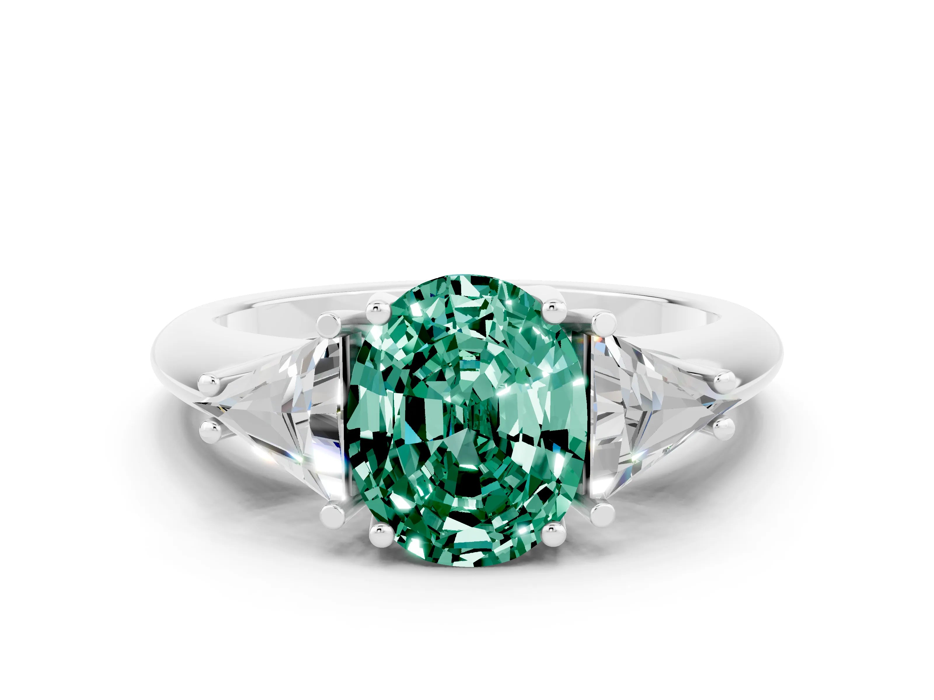 White gold Three-Stone Oval Cut Cut Diamond Ring with Trillion Side Stones and Four-Prong Setting