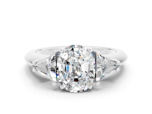 White gold Three-Stone Oval Cut Moissanite Engagement Ring with Trillion Side Stones and Prong Setting