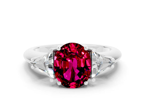 White gold Three-Stone Oval Cut Cut Diamond Ring with Trillion Side Stones and Four-Prong Setting