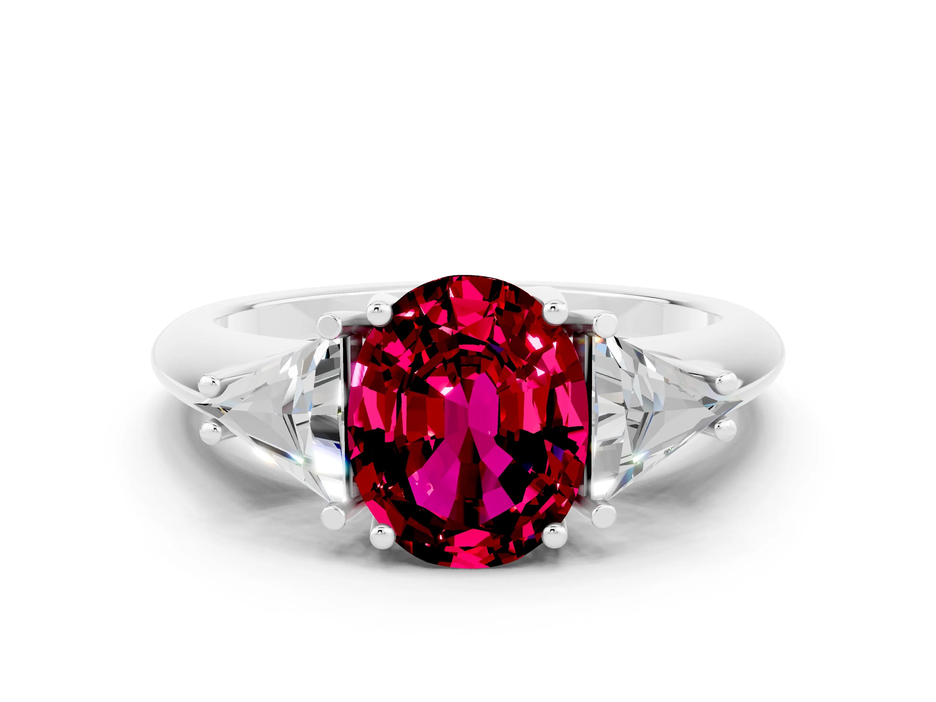 White gold Three-Stone Oval Cut Cut Diamond Ring with Trillion Side Stones and Four-Prong Setting