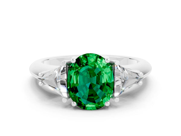 White gold Three-Stone Oval Cut Emerald Engagement Ring with Trillion Side Stones and Prong Setting