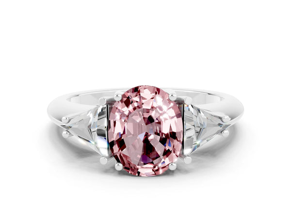 Platinum Three-Stone Oval Cut Cut Diamond Ring with Trillion Side Stones and Four-Prong Setting