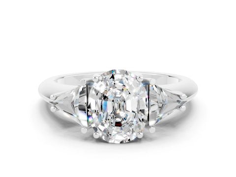 White gold Three-Stone Oval Cut Cut Diamond Ring with Trillion Side Stones and Four-Prong Setting