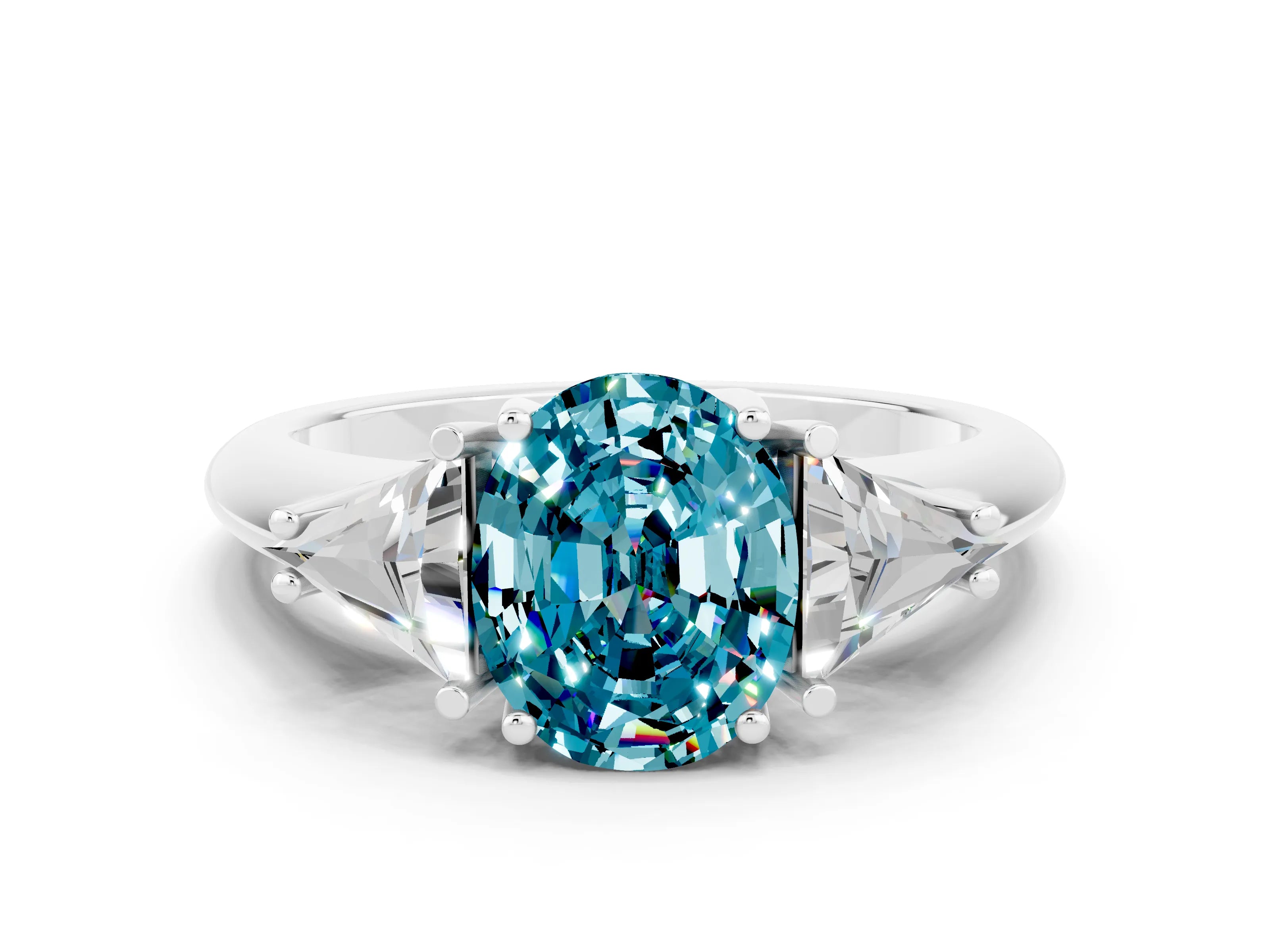 White gold Three-Stone Oval Cut Cut Diamond Ring with Trillion Side Stones and Four-Prong Setting