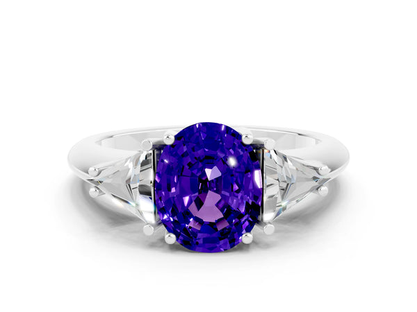 White gold Three-Stone Oval Cut Tanzanite Engagement Ring with Trillion Side Stones and Prong Setting