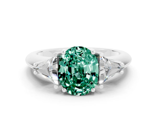 Platinum Three-Stone Oval Cut Green Sapphire Engagement Ring with Trillion Side Stones and Prong Setting