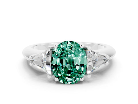 White gold Three-Stone Oval Cut Cut Diamond Ring with Trillion Side Stones and Four-Prong Setting