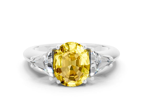 Platinum Three-Stone Oval Cut Yellow Sapphire Engagement Ring with Trillion Side Stones and Prong Setting