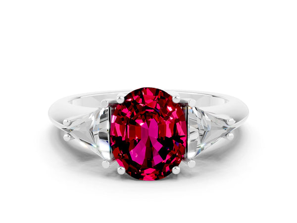 White gold Three-Stone Oval Cut Garnet Engagement Ring with Trillion Side Stones and Prong Setting