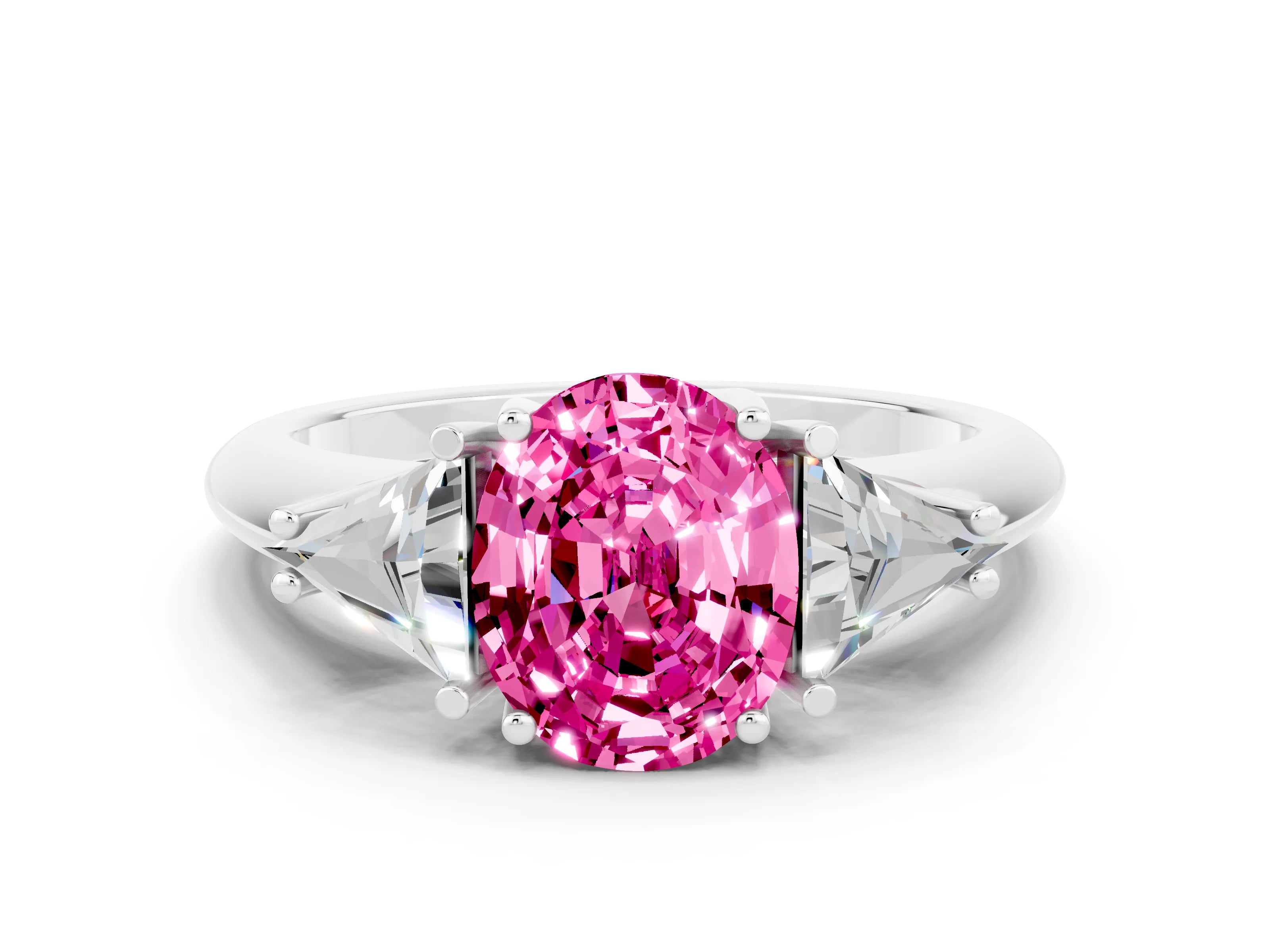 White gold Three-Stone Oval Cut Cut Diamond Ring with Trillion Side Stones and Four-Prong Setting
