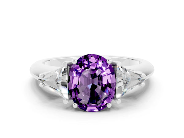 White gold Three-Stone Oval Cut Amethyst Engagement Ring with Trillion Side Stones and Prong Setting
