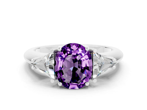 White gold Three-Stone Oval Cut Cut Diamond Ring with Trillion Side Stones and Four-Prong Setting
