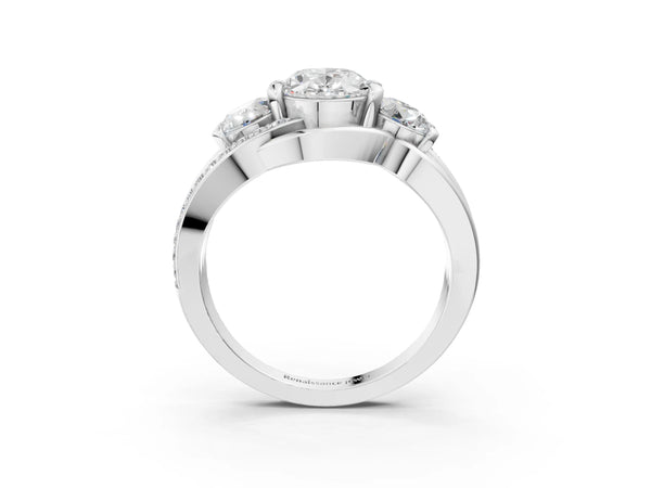 White Gold Oval Three Stone Engagement Ring Setting with Matching Sides and Pave Split Shank