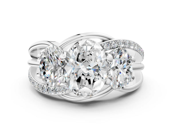 White Gold Oval Three Stone Engagement Ring Setting with Matching Sides and Pave Split Shank