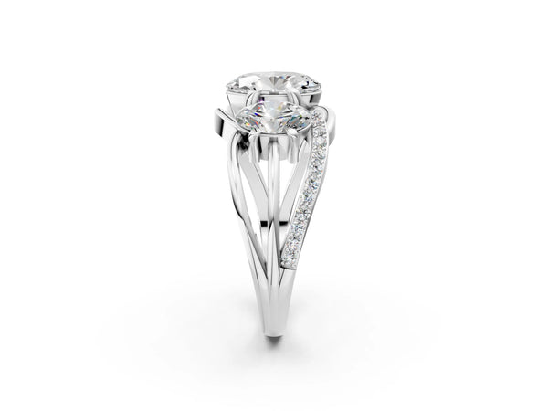 White Gold Oval Three Stone Engagement Ring Setting with Matching Sides and Pave Split Shank