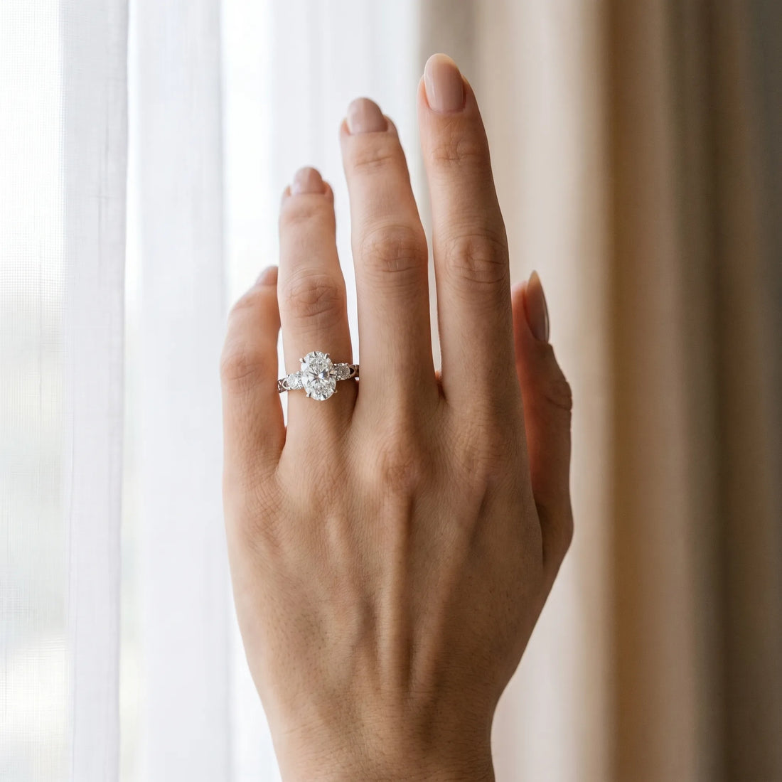 White gold Three-Stone Oval Cut Diamond Cathedral Engagement Ring with Prong Setting_6