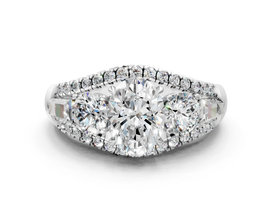 White gold Three-Stone Oval Cut Diamond Engagement Ring with Pave Band and Prong Setting_6
