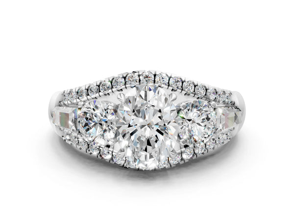 White gold Three-Stone Oval Cut Diamond Engagement Ring with Pave Band and Prong Setting