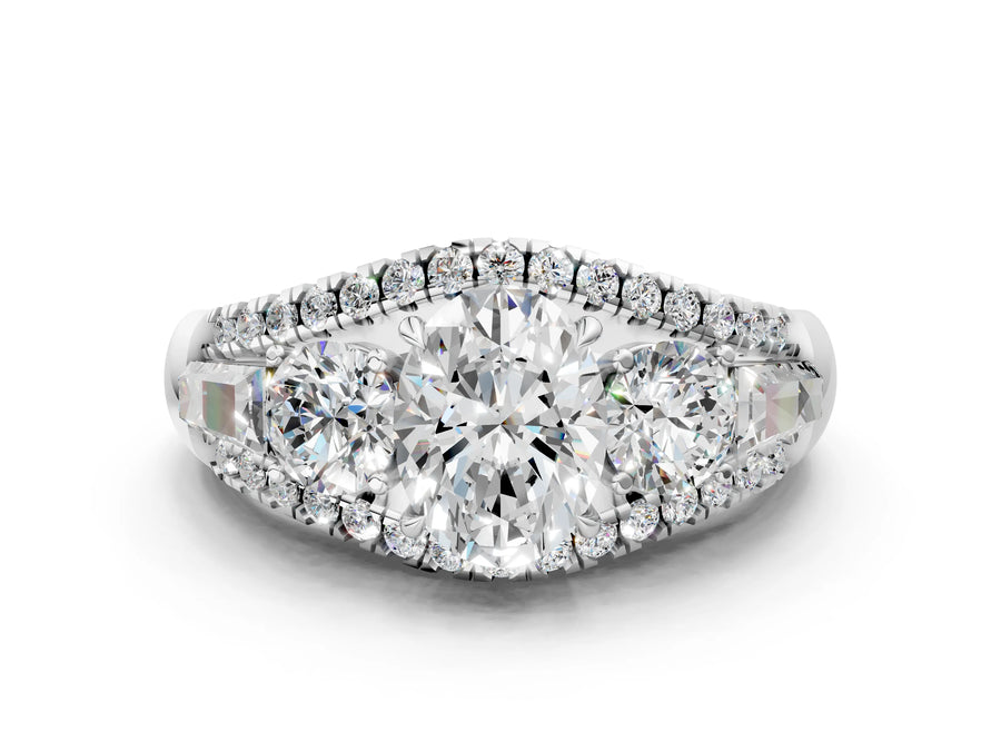 White gold Three-Stone Oval Cut Diamond Engagement Ring with Pave Band and Prong Setting