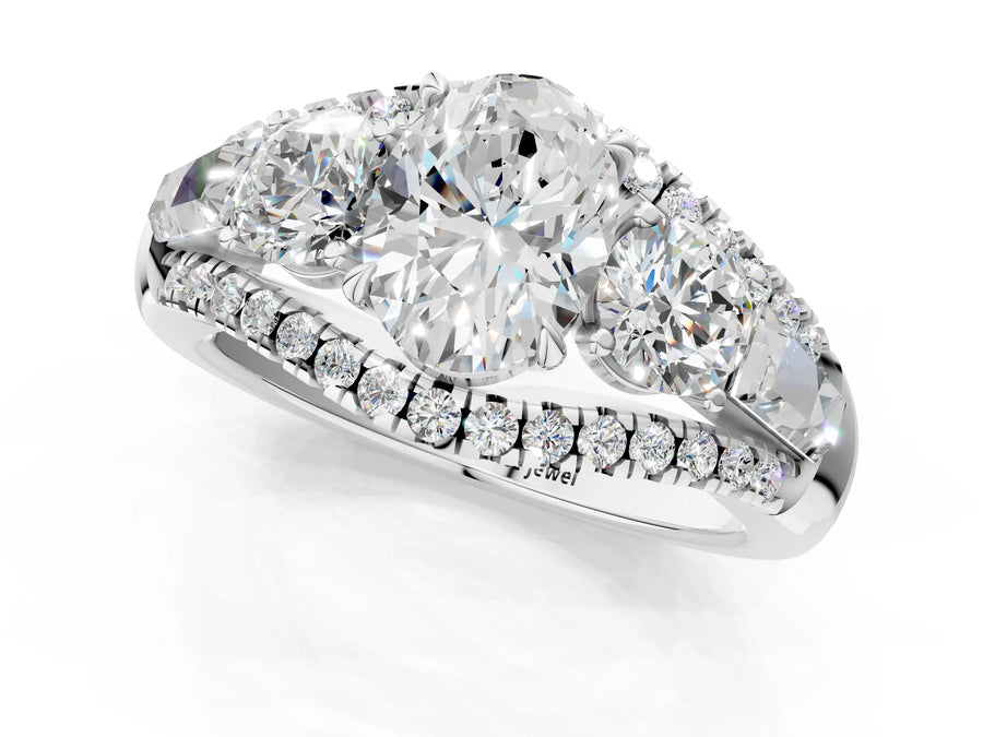 White gold Three-Stone Oval Cut Diamond Engagement Ring with Pave Band and Prong Setting