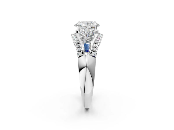 White gold Three-Stone Oval Cut Diamond Engagement Ring with Pave Band and Prong Setting
